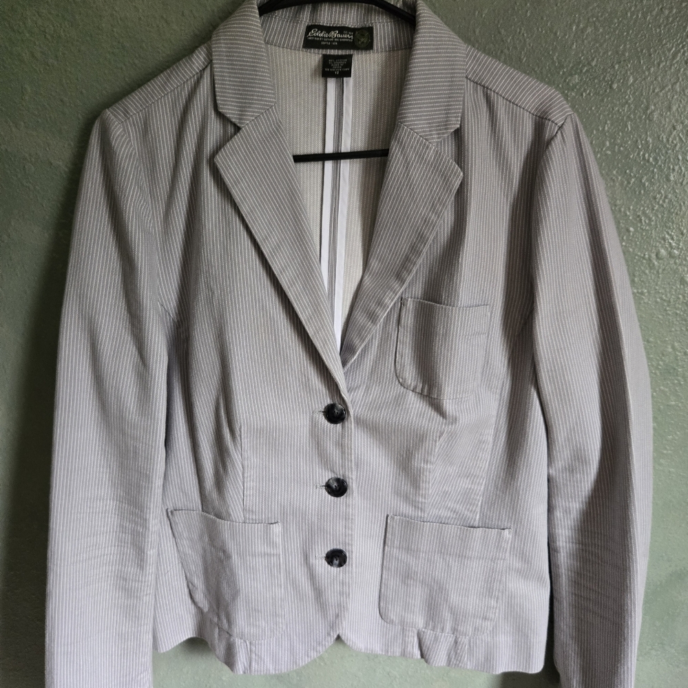 Eddie Bauer - Jacket Blazer - Gray w/white Stripes- Women's Size 12